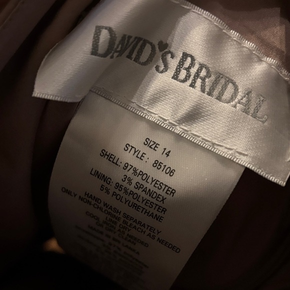 David's Bridal One-Shoulder Satin Dress champagne colored with matching sash - Picture 7 of 9